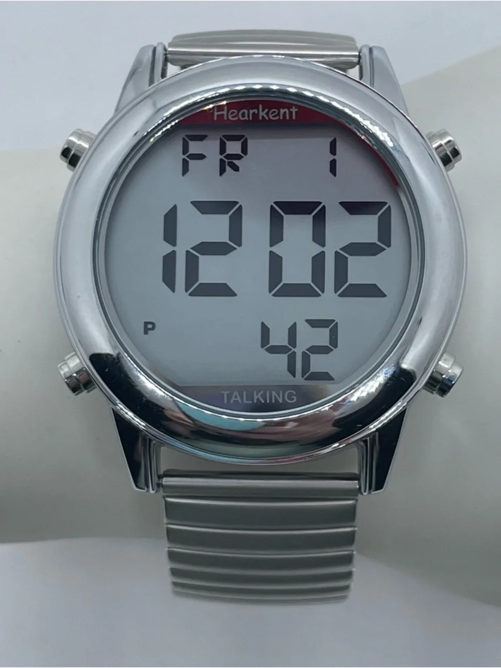 Hearkent Talking Digital Watch Mens Silver Tone Stretch Works